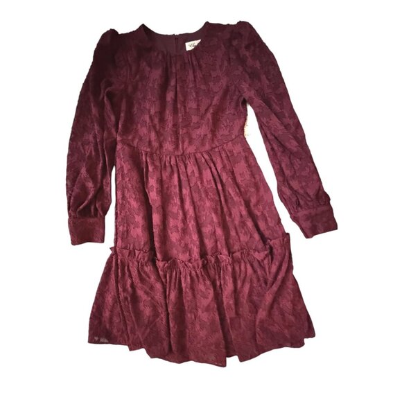 Eliza J Womens Burgundy Burnout Floral Long Sleeve Tiered Mini Dress Size 2 NWT - Picture 3 of 9
